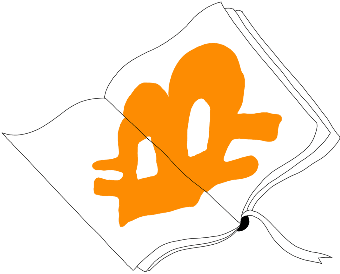 En skrivebok med en stor oransje B i seg. Bitcoin sin logo