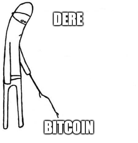 meme av en figur som dytter borti bitcoin, kjeder seg åpenbart