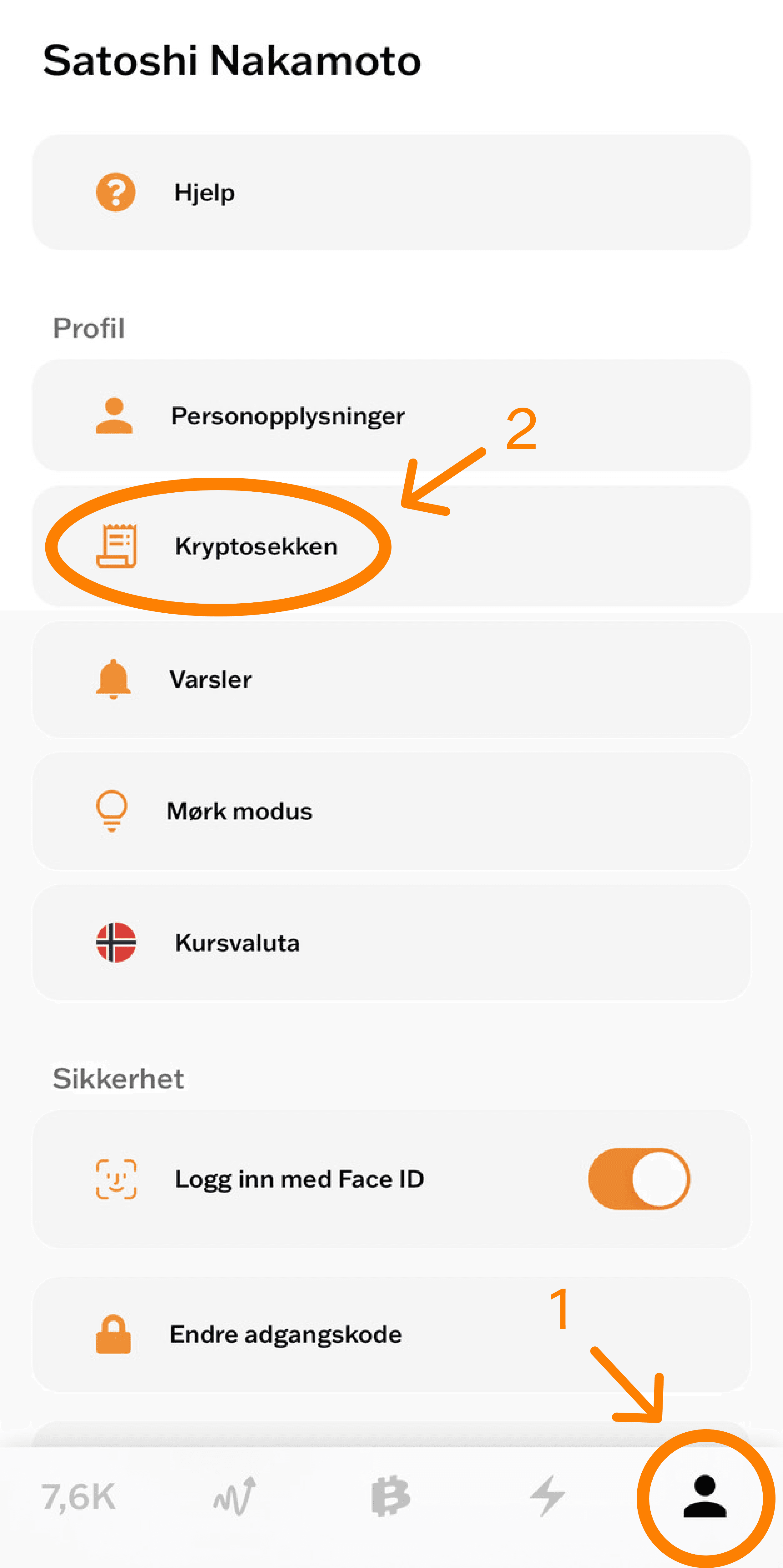 Meny i bb-appen for å hente Kryptosekken-nøkkel