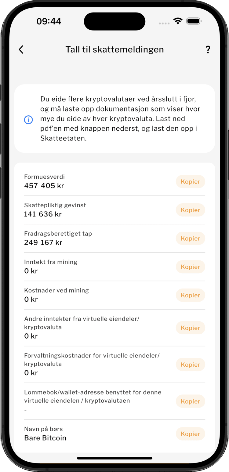 Tall til skattemeldingen i Bare Bitcoin-appen