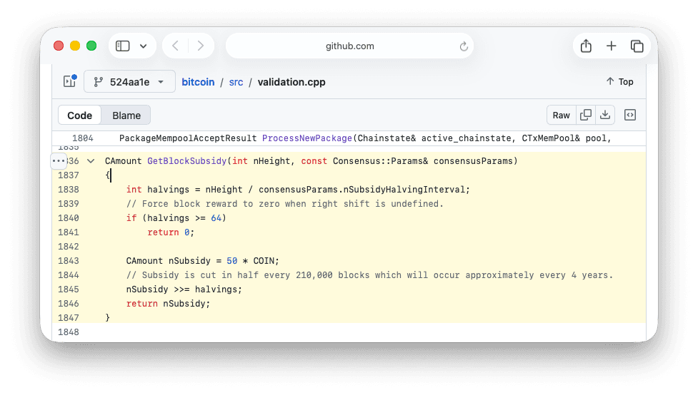 Koden som definerer hvor mange bitcoin som kan eksistere