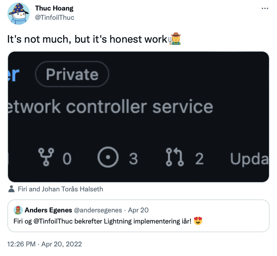 Thuc, CEO i Firi, tweeter om kode Torkel og Bjørn Olav har skrevet