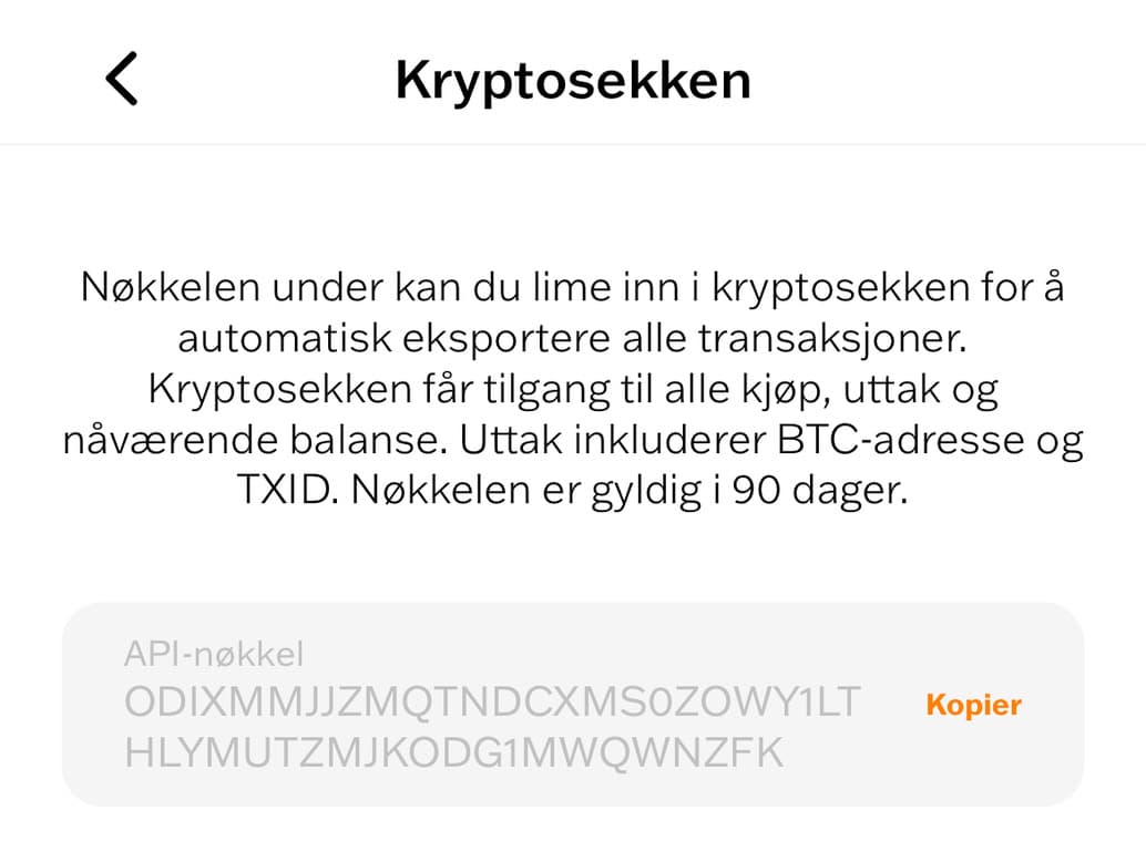 Meny i bb-appen som viser Kryptosekken-nøkkel