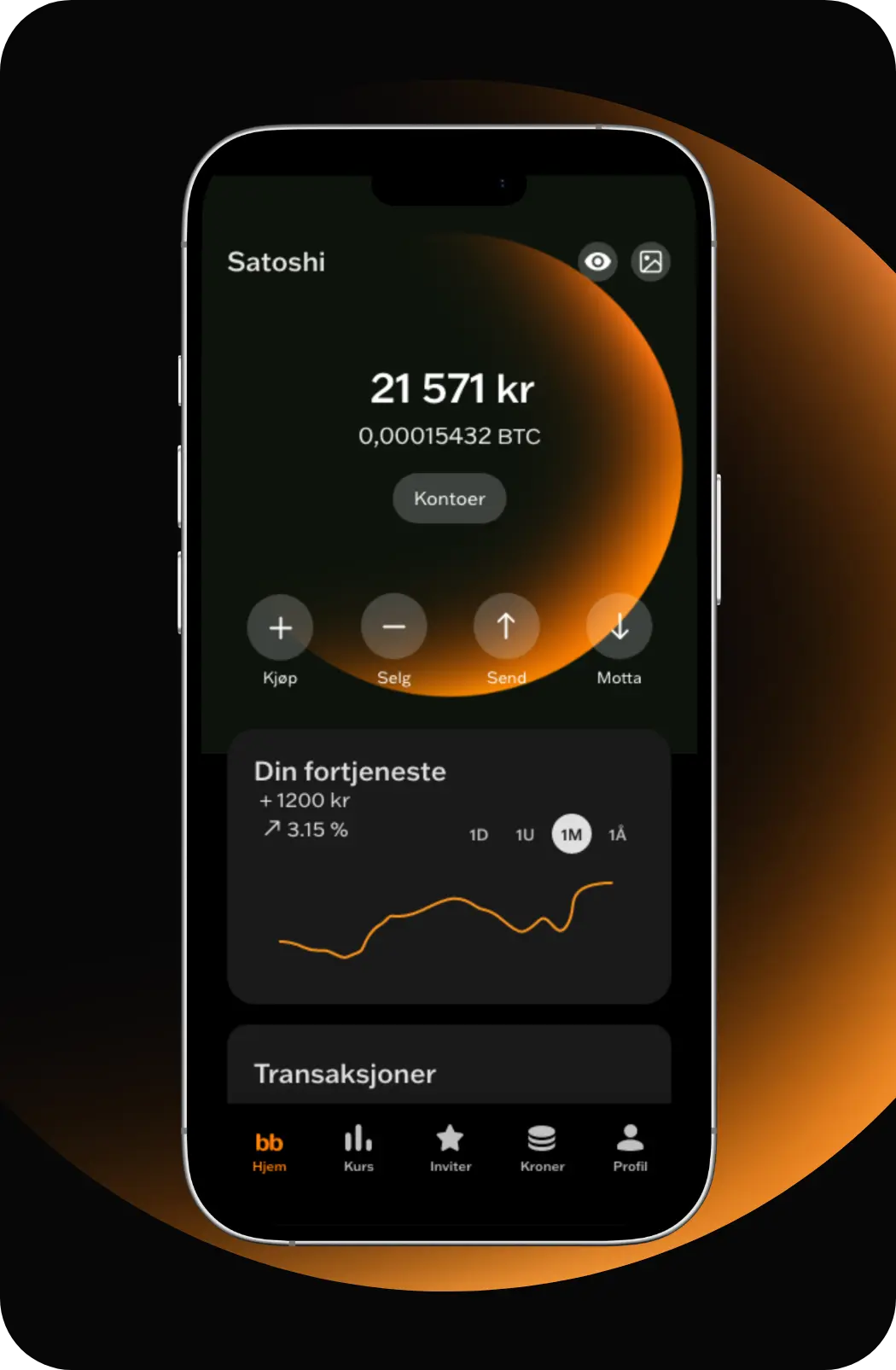 Bilde av en mobil som viser appen til Bare Bitcoin. Du kan kjøpe, selge, sende og motta bitcoin, samt se avkastningen din