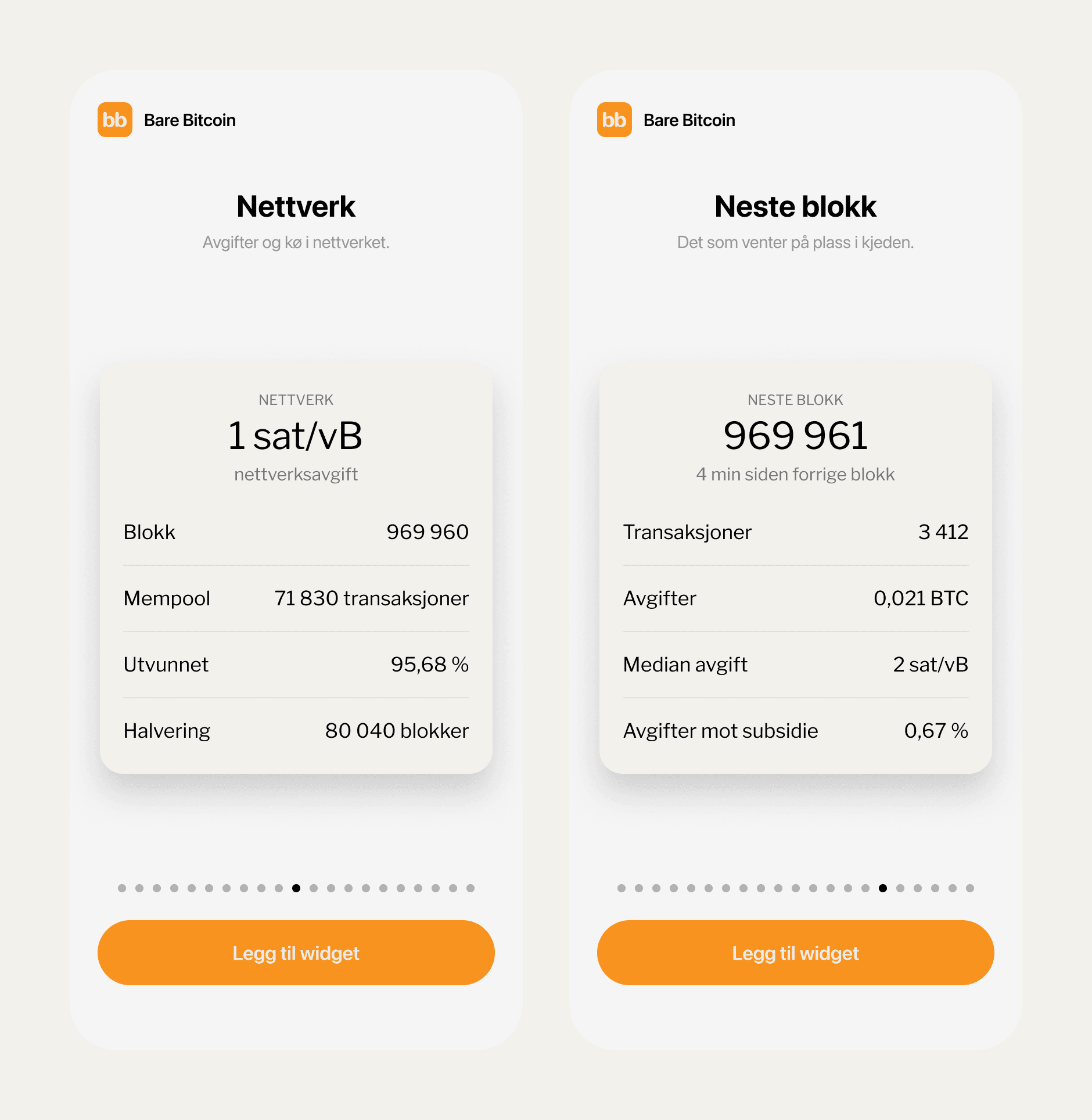 Widgeter med nettverksavgift, mempool og innholdet i neste blokk