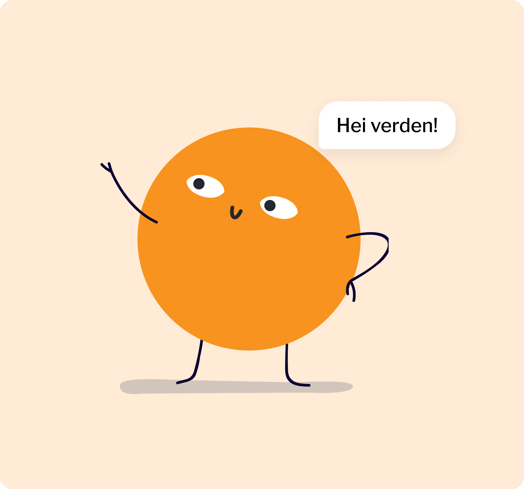 Naka, en oransje søtsak som vinker og sier hei verden